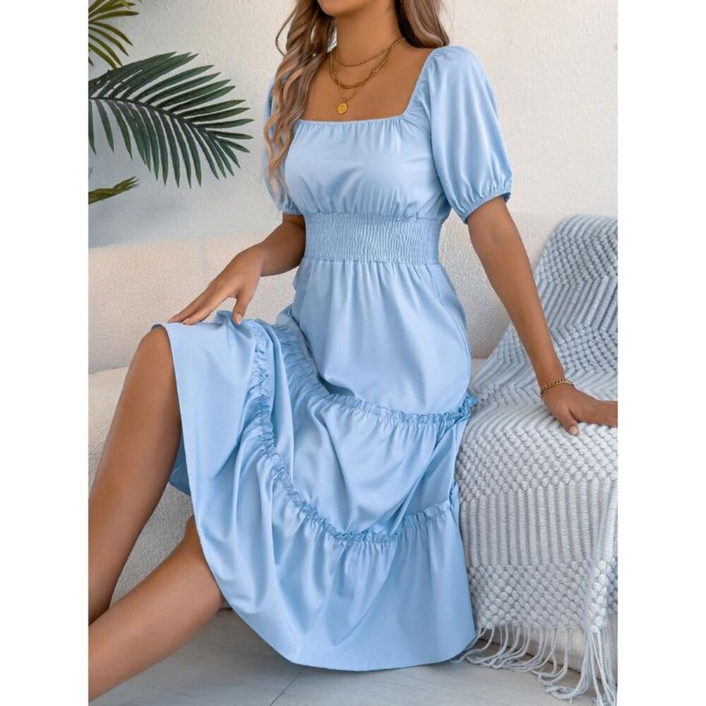 Everyday the Label Tiered Puff Sleeve Midi Dress Women Sky Blue Dresses